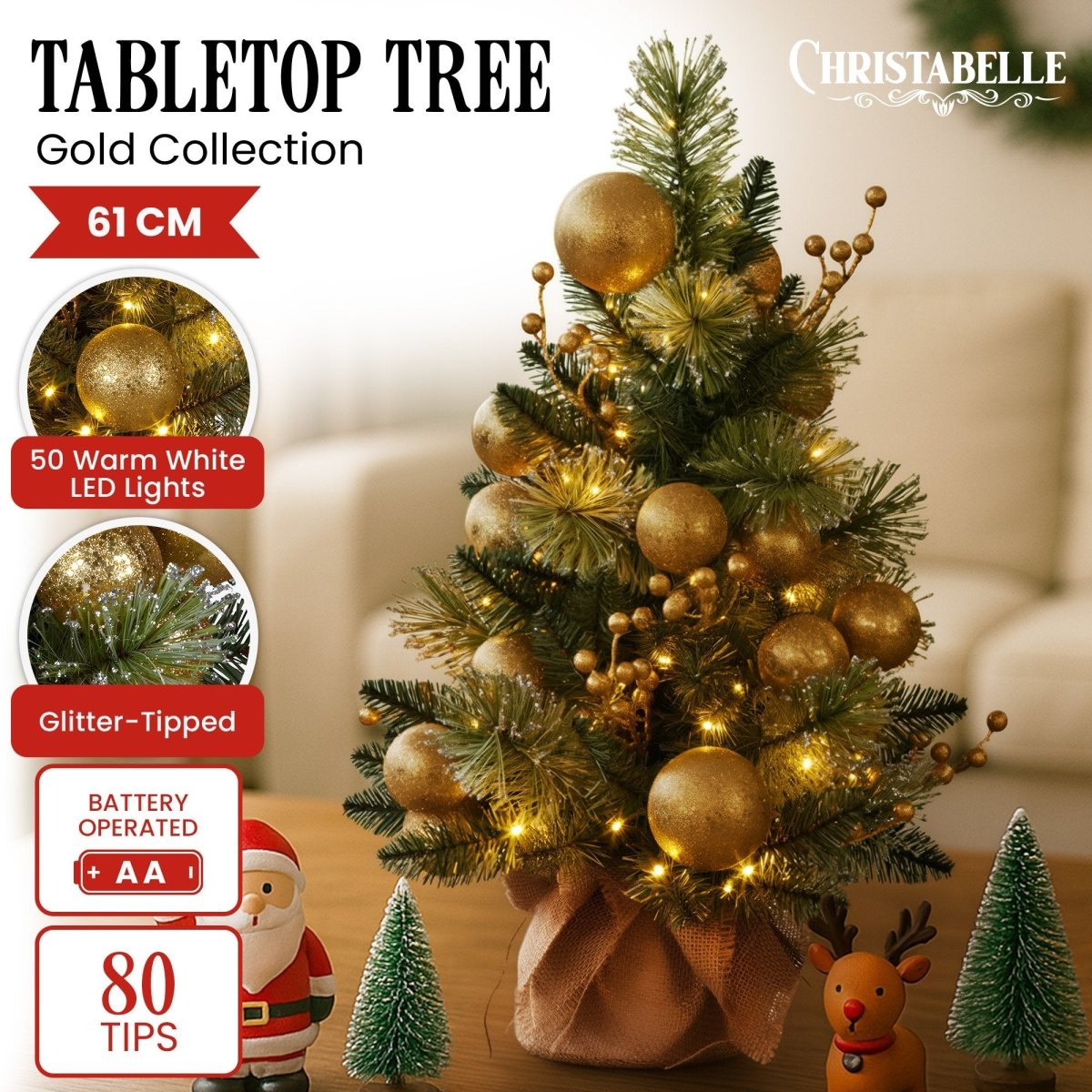 Christabelle 61cm Battery - operated Christmas Tree Warm Lights Led Table Top Gold