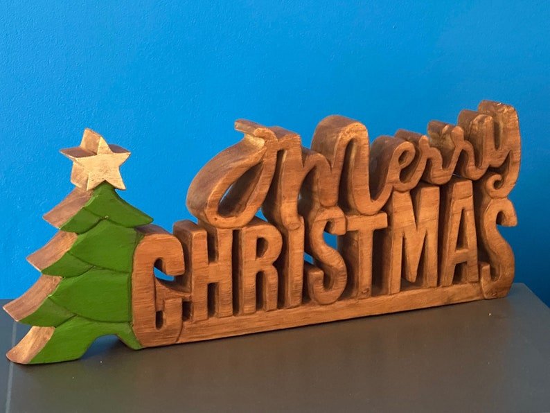 Wooden carved Merry Christmas decoration 38 cm long with Tree and Star - 1326722459 Toy Chest Australia 2