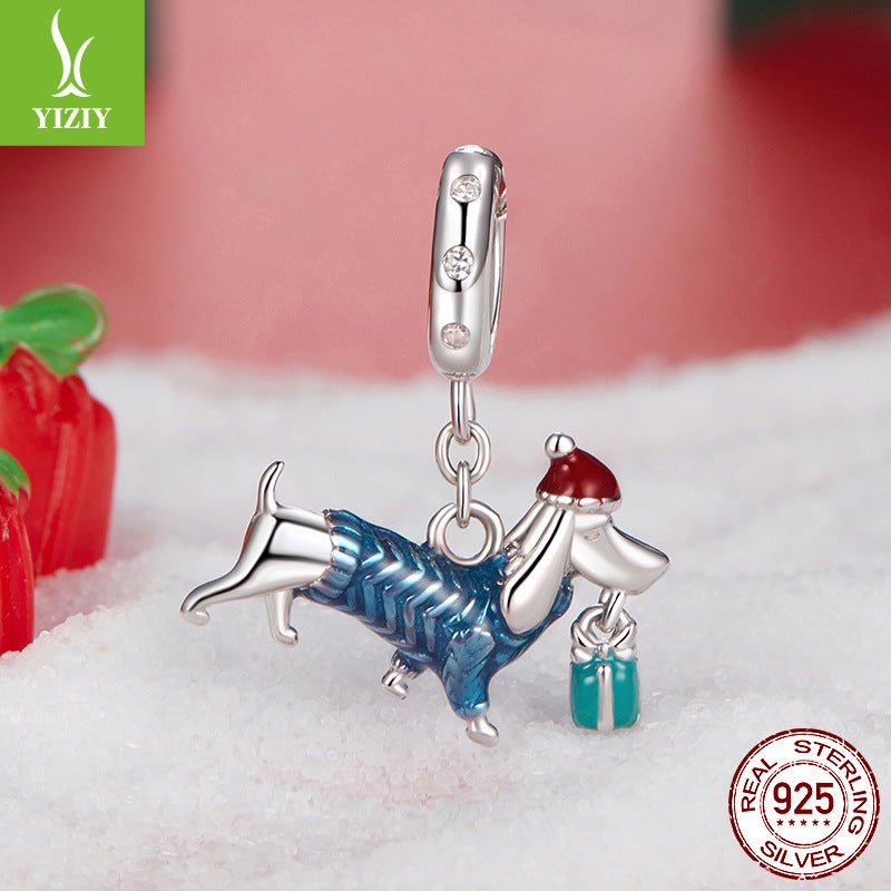 Sterling Silver Dachshund Charm - Festive Christmas Pendant with Colorful Accents(weighs approximately 2.2g)