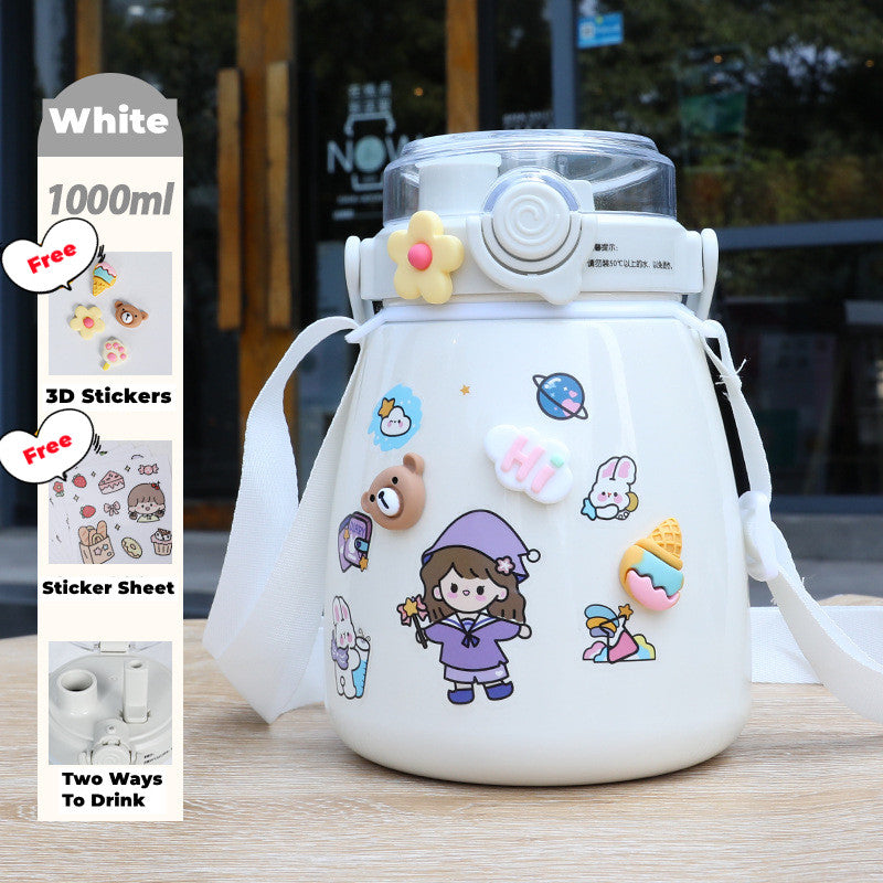 Toy Chest Australia white 1000ml kids water bottle with strap and cute 3D stickers flip lid two way drinking