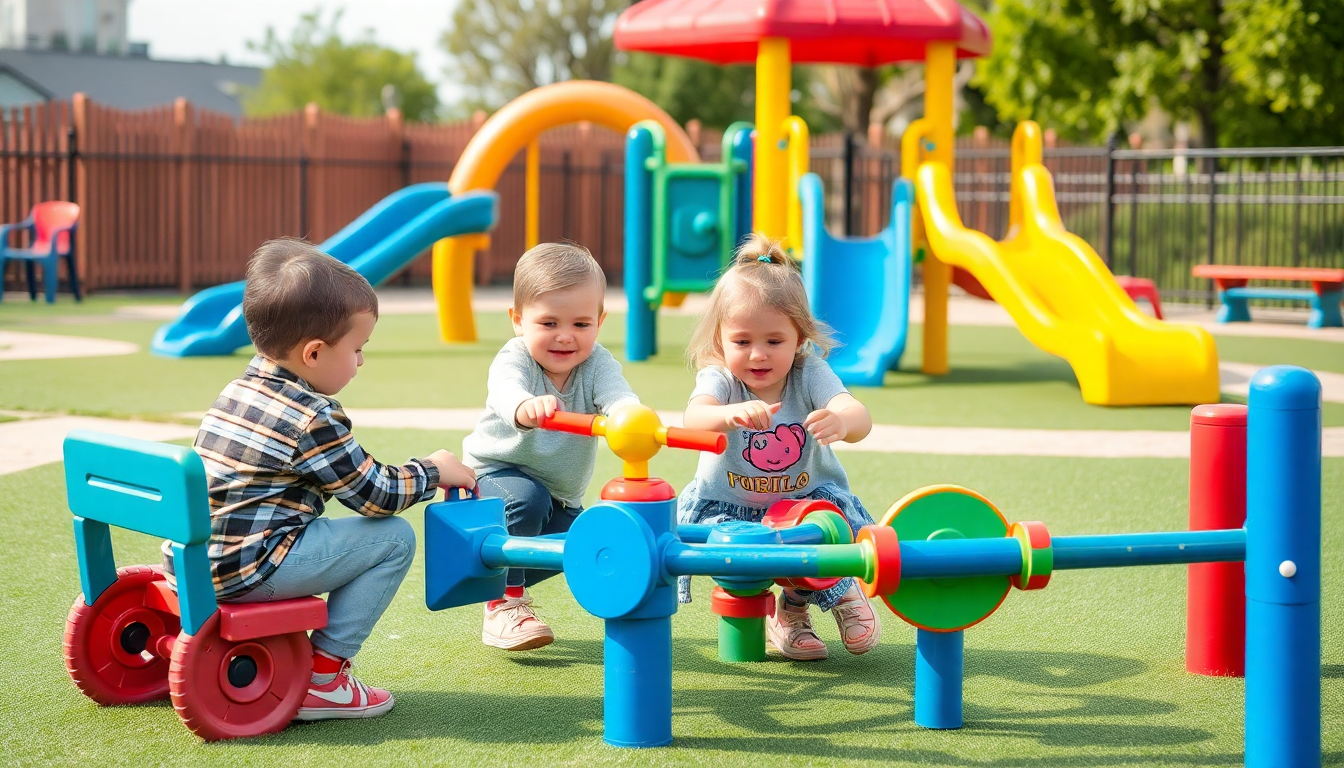 Three toddlers playing on colorful playground equipment following the age-appropriate outdoor toys guide