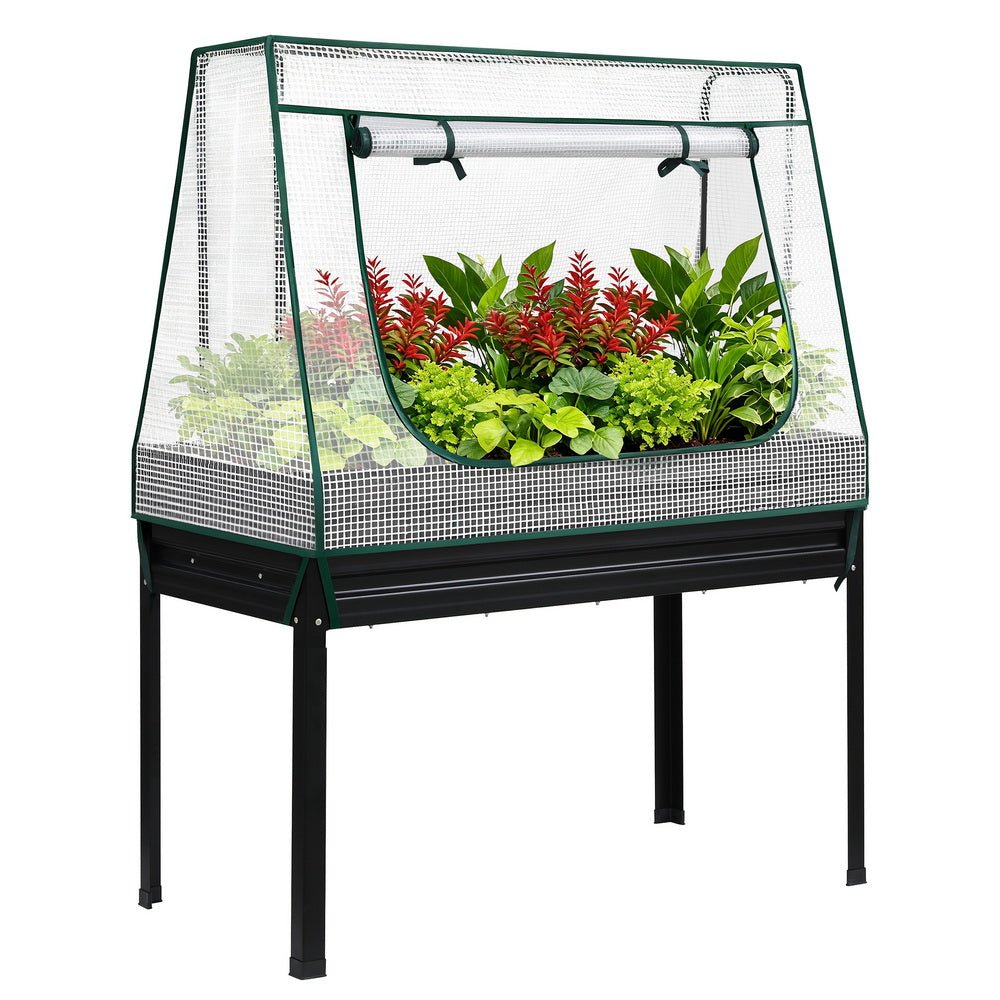 Green Fingers Elevated Metal Garden Bed Kit w Mini Greenhouse Cover 116x60cm Stand - Up Height Trellis