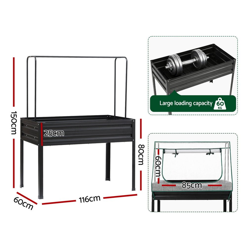Green Fingers Elevated Metal Garden Bed Kit w Mini Greenhouse Cover 116x60cm Stand - Up Height Trellis