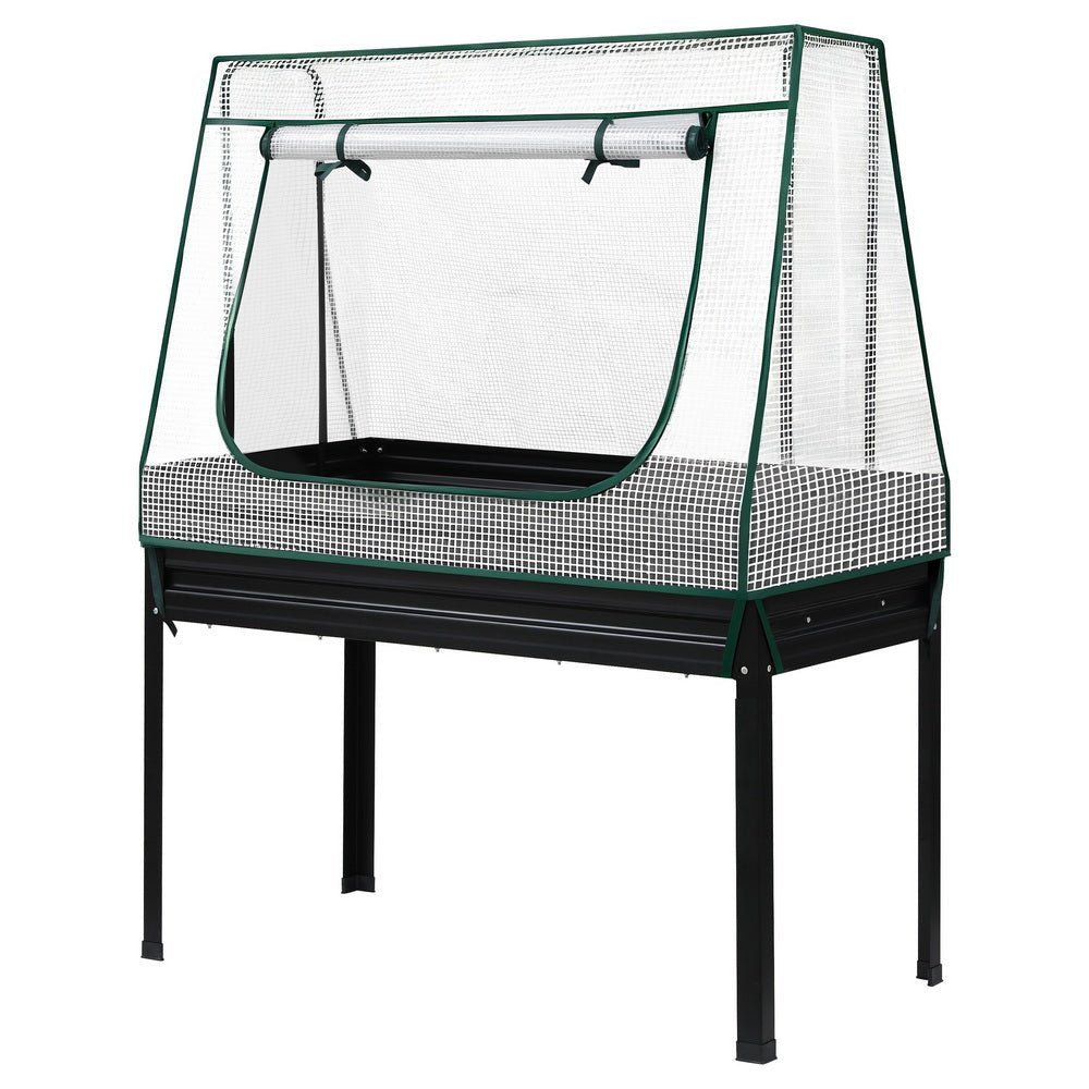 Green Fingers Elevated Metal Garden Bed Kit w Mini Greenhouse Cover 116x60cm Stand - Up Height Trellis