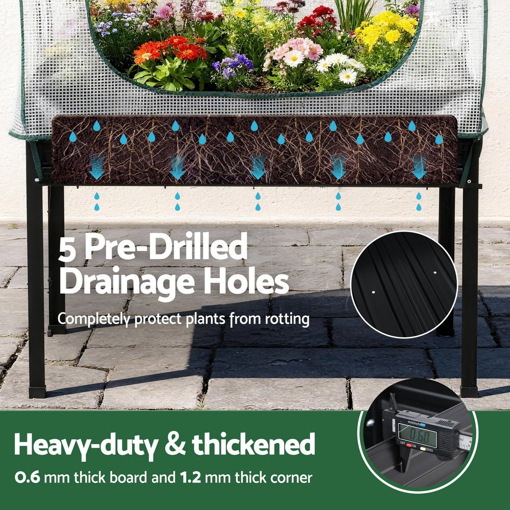 Green Fingers Elevated Metal Garden Bed Kit w Mini Greenhouse Cover 116x60cm Stand - Up Height Trellis