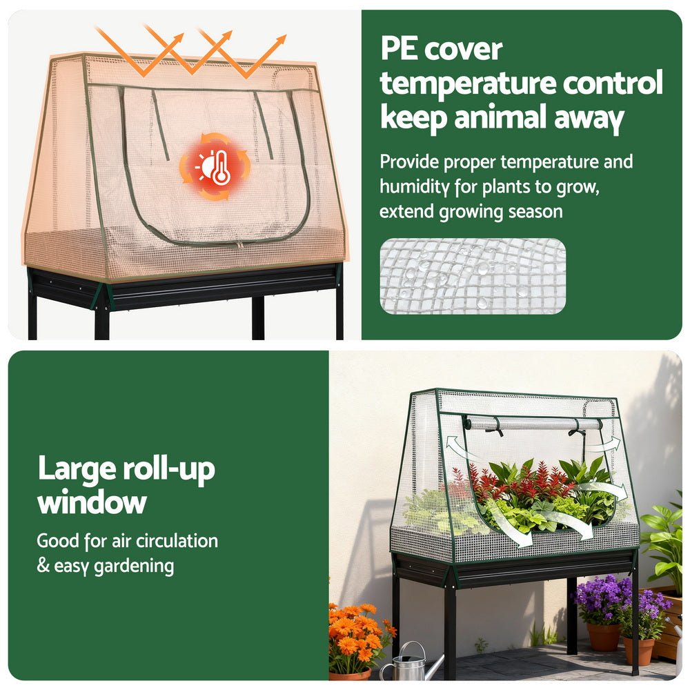 Green Fingers Elevated Metal Garden Bed Kit w Mini Greenhouse Cover 116x60cm Stand - Up Height Trellis