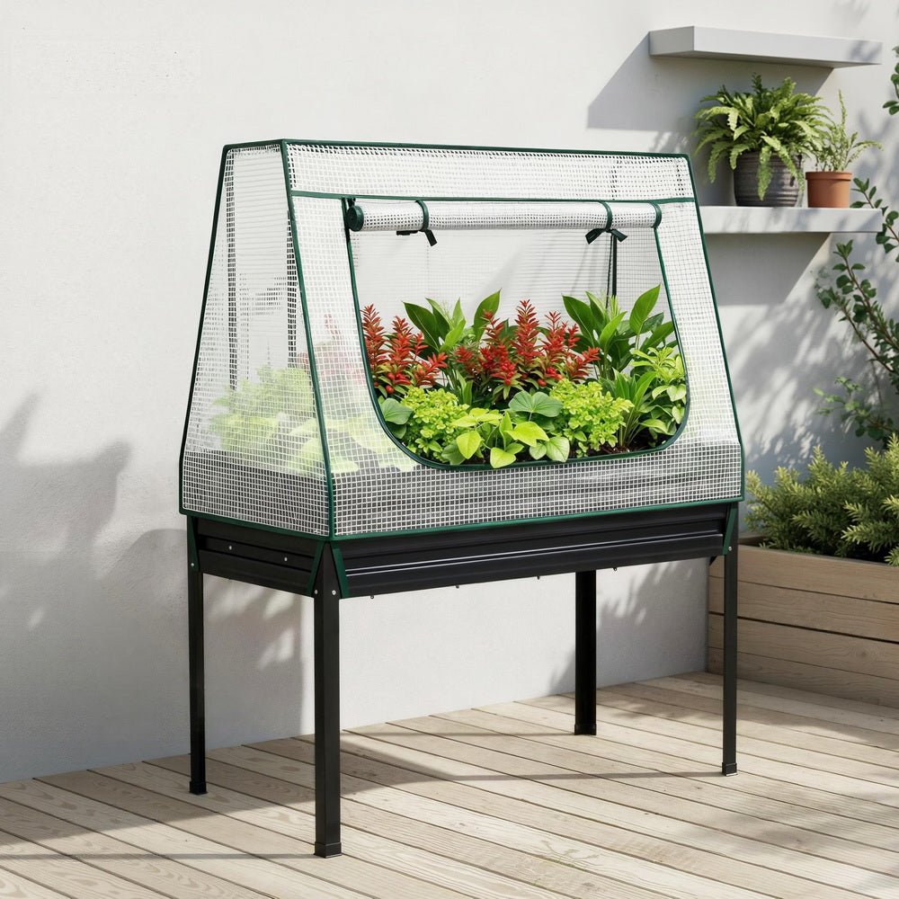 Green Fingers Elevated Metal Garden Bed Kit w Mini Greenhouse Cover 116x60cm Stand - Up Height Trellis