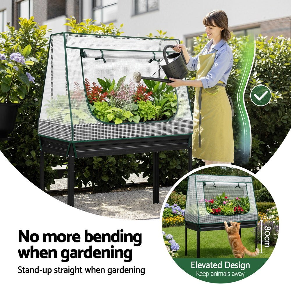 Green Fingers Elevated Metal Garden Bed Kit w Mini Greenhouse Cover 116x60cm Stand - Up Height Trellis