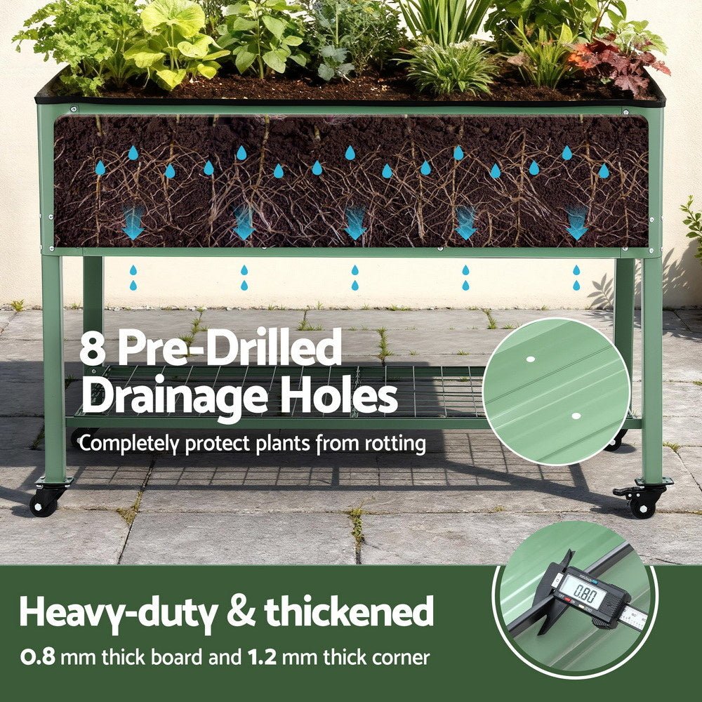 Green Fingers Elevated Raised Garden Bed Kit Mobile w/ Locking Wheels & Storage Shelf 100KG Max Load 115x60x81cm | Galvanized Steel, Portable Green Organizer for Seniors, Patio, Balcony, Vegetables