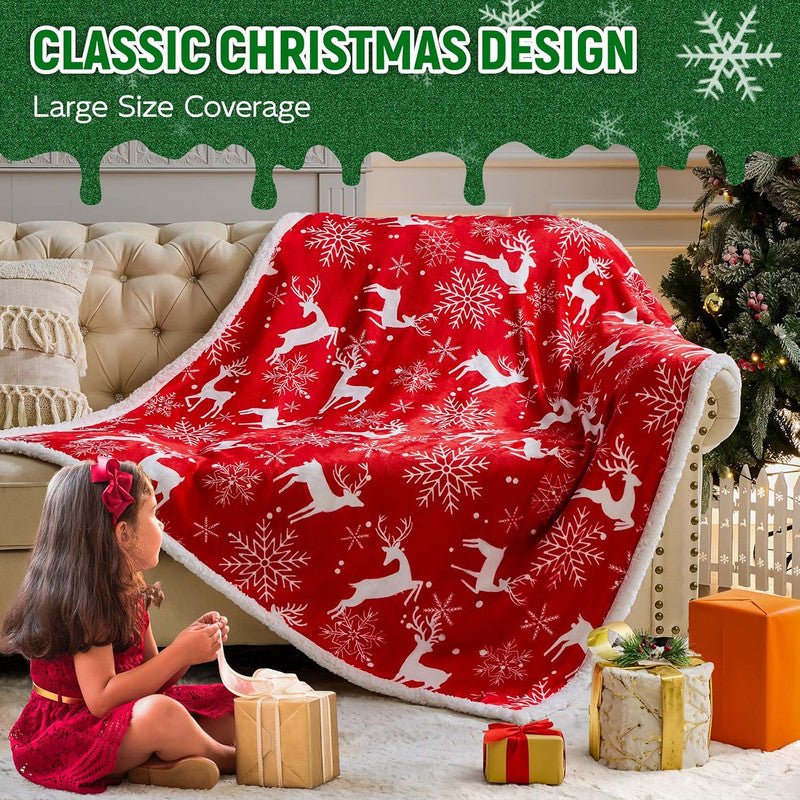Christmas Throw Blanket, Christmas Decorations Gifts for Women, Sherpa Flannel Fleece Winter Holiday Blanket, Fluffy Cozy Soft Christams Throws for Couch Sofa Bed, Reindeer Stars, 50" X 60"