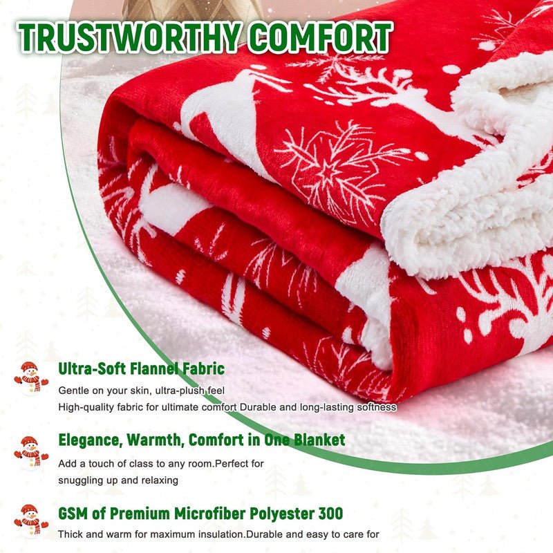 Christmas Throw Blanket, Christmas Decorations Gifts for Women, Sherpa Flannel Fleece Winter Holiday Blanket, Fluffy Cozy Soft Christams Throws for Couch Sofa Bed, Reindeer Stars, 50" X 60"