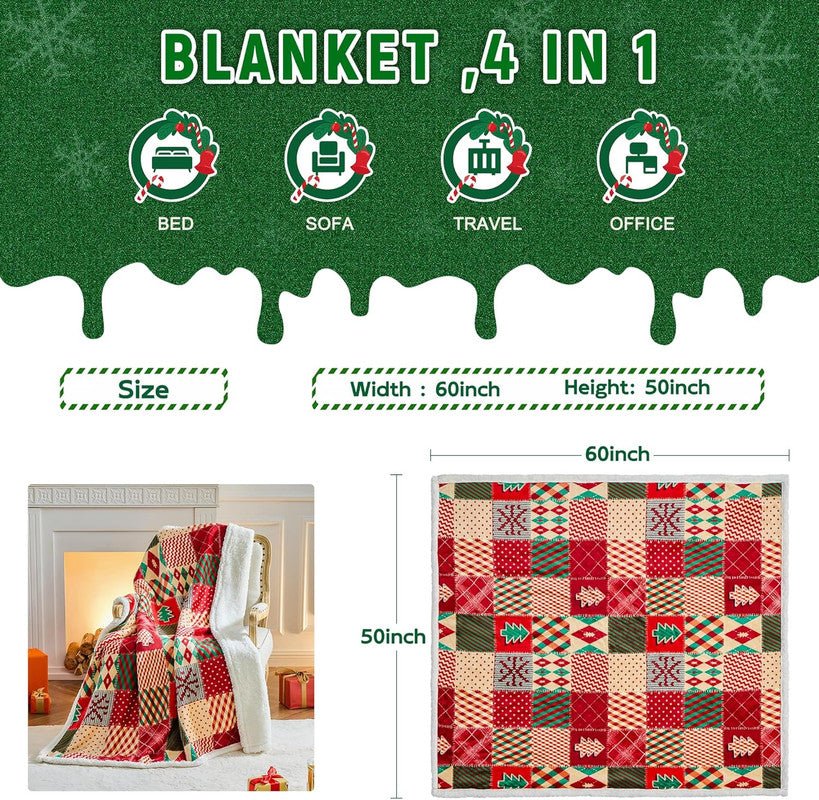 Christmas Throw Blanket, Christmas Decorations Gifts for Women, Sherpa Flannel Fleece Winter Holiday Blanket, Fluffy Cozy Soft Christams Throws for Couch Sofa Bed, DoubleDeer, 50" X 60"