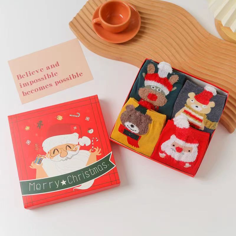 Christmas gift Christmas Socks Combed Cotton 4 Pair Medium Socks Gift Box