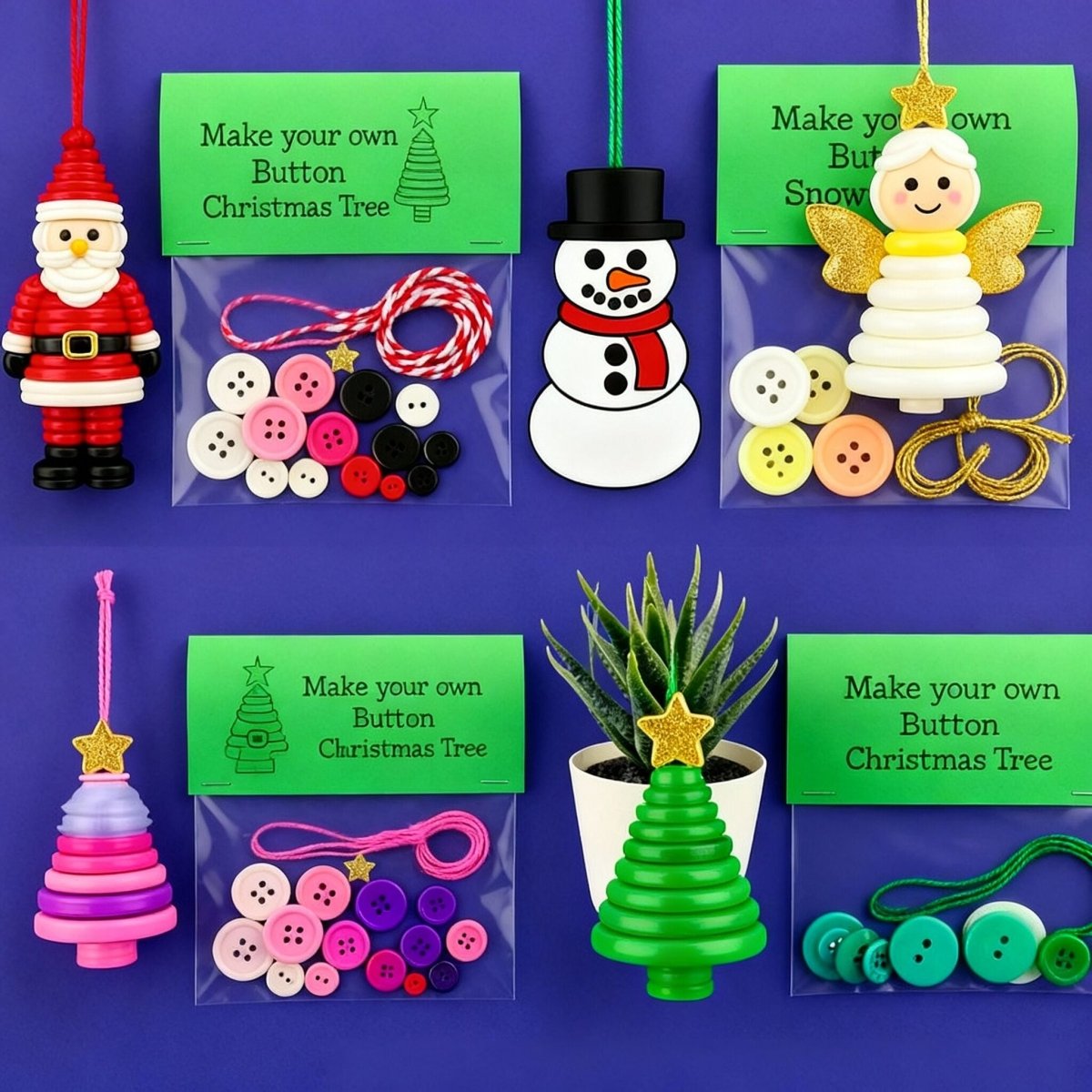 Christmas gift Christmas Button Ornament - Festive Santa Design Craft Kit -  Set of 5 pieces（Santa Claus、Snowman、angel、Red Christmas tree and green Christmas tree）