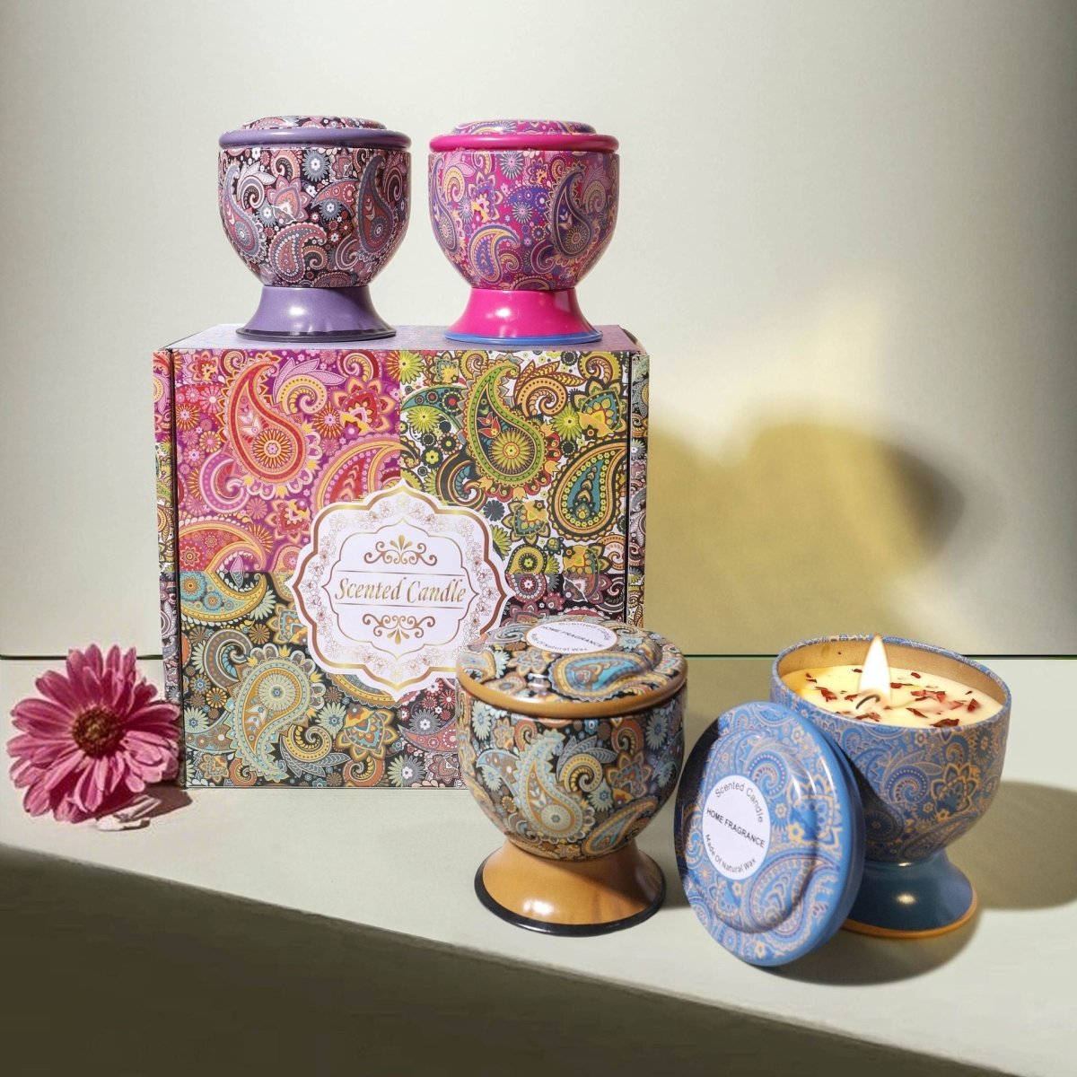 Christmas gift Aussie Scented Candle Set - 4 Fragrances (Rose, Jasmine, Lemon, Lavender) in Artistic Tins for Home Ambiance & Gifting