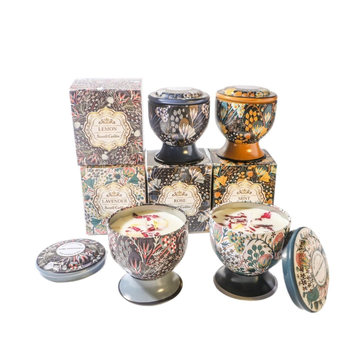 Christmas gift Aussie Scented Candle Set - 4 Fragrances (Rose, Jasmine, Lemon, Lavender) in Artistic Tins for Home Ambiance & Gifting