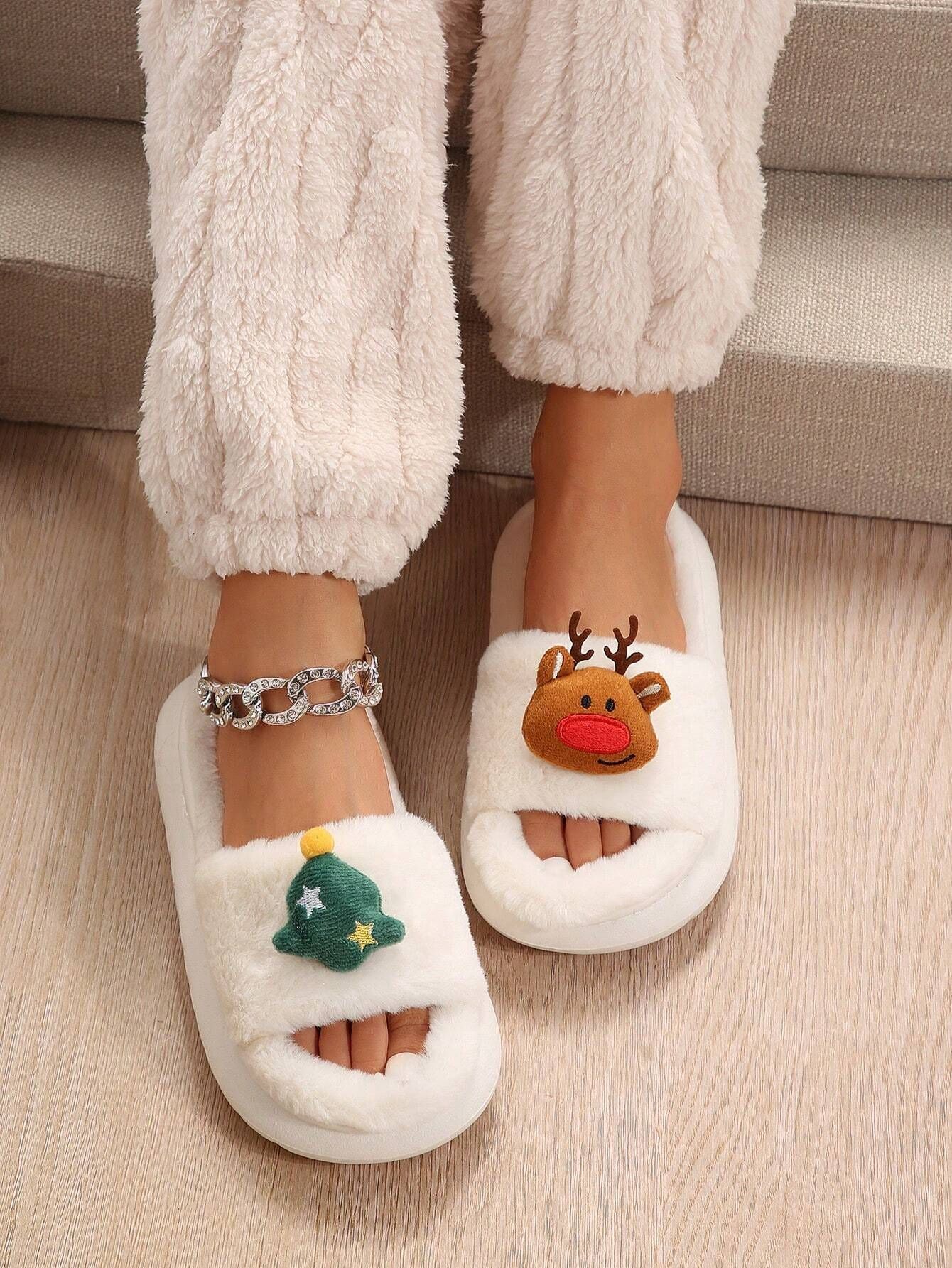Christmas Cartoon Plush Slippers, Unisex Lightweight Thick-Soled Anti-Slip Fuzzy Slippers for Couples & Family(milky white-39-40)