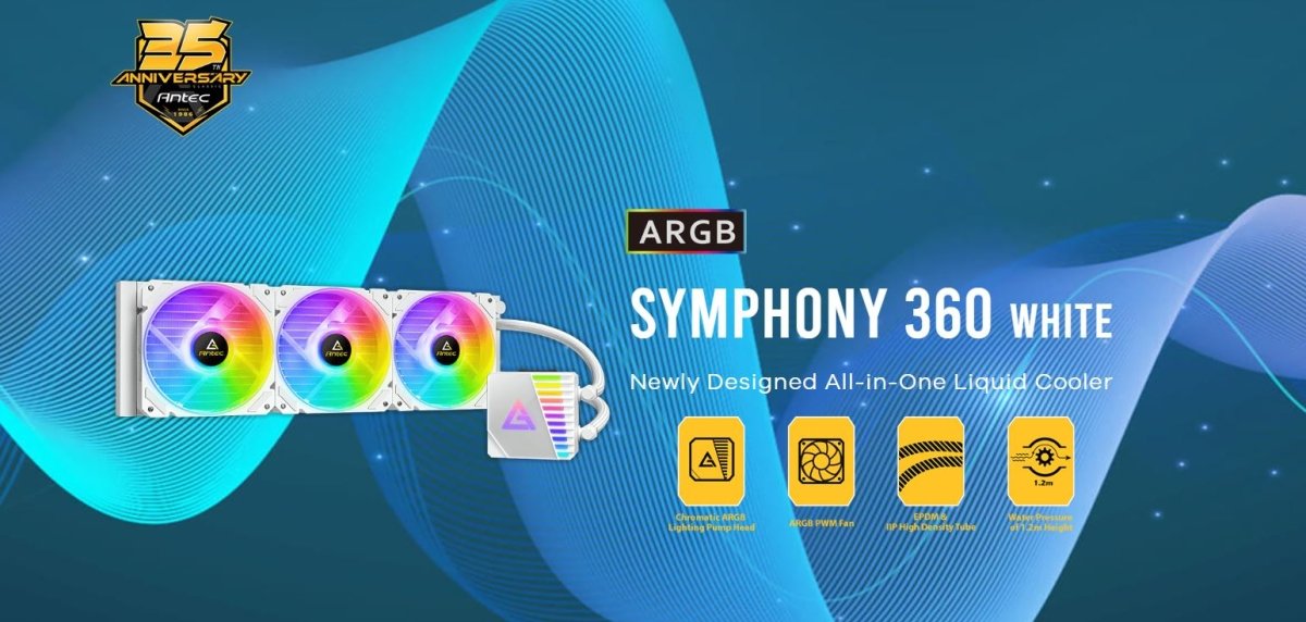 ANTEC SYMPHONY 360mm ARGB WHITE Advanced Liquid CPU Cooler, PWM LED Fan, PTFE Tubing, LGA 115x, 1200, 2011 - v3, 2066, AM4, AM3+ FMx, TR4, 3 Yrs