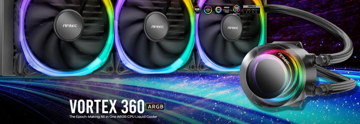 ANTEC VORTEX 360mm ARGB AIO Liquid CPU Cooler + ARGB Controller, EPDM High - Density Tubing, LGA 115x, 1200, 1700, 20xx, AM3, AM4 AM5, s