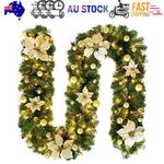 2.7M Christmas Garland with Lights Rattan Artificial Garland Green for Indoor Home Fireplace Stair Decorations - Gold