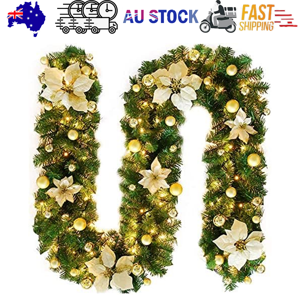 2.7M Christmas Garland with Lights Rattan Artificial Garland Green for Indoor Home Fireplace Stair Decorations - Gold