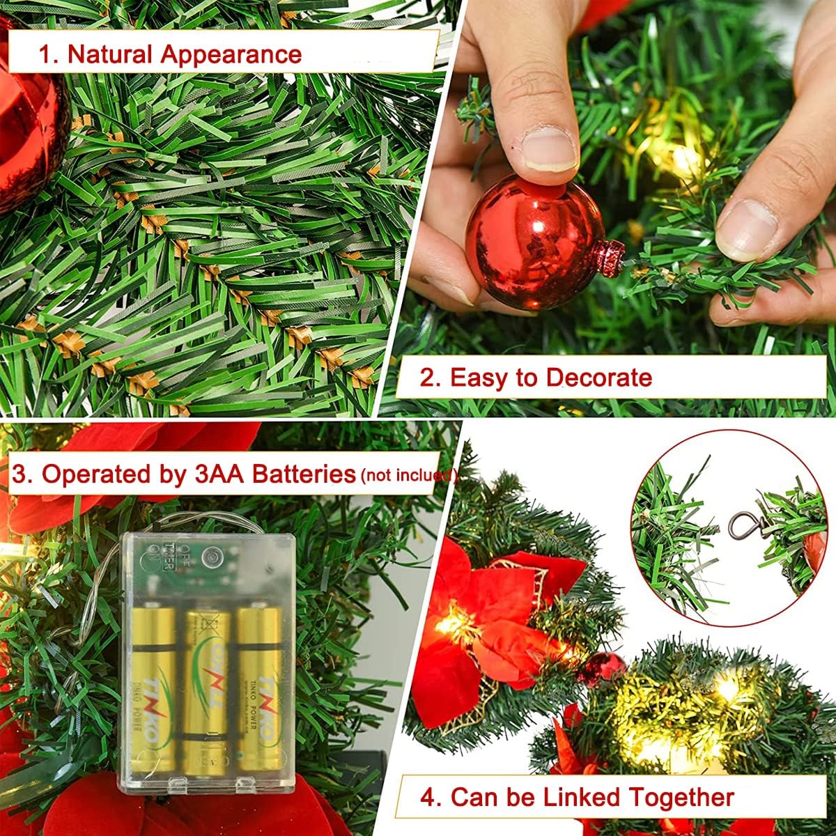 2.7M Christmas Garland with Lights Rattan Artificial Garland Green for Indoor Home Fireplace Stair Decorations - Gold