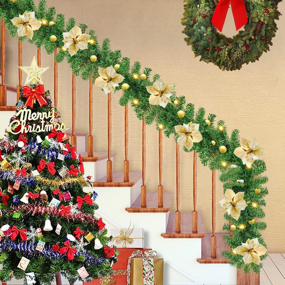 2.7M Christmas Garland with Lights Rattan Artificial Garland Green for Indoor Home Fireplace Stair Decorations - Gold