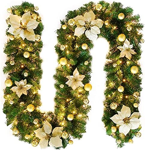 2.7M Christmas Garland with Lights Rattan Artificial Garland Green for Indoor Home Fireplace Stair Decorations - Gold
