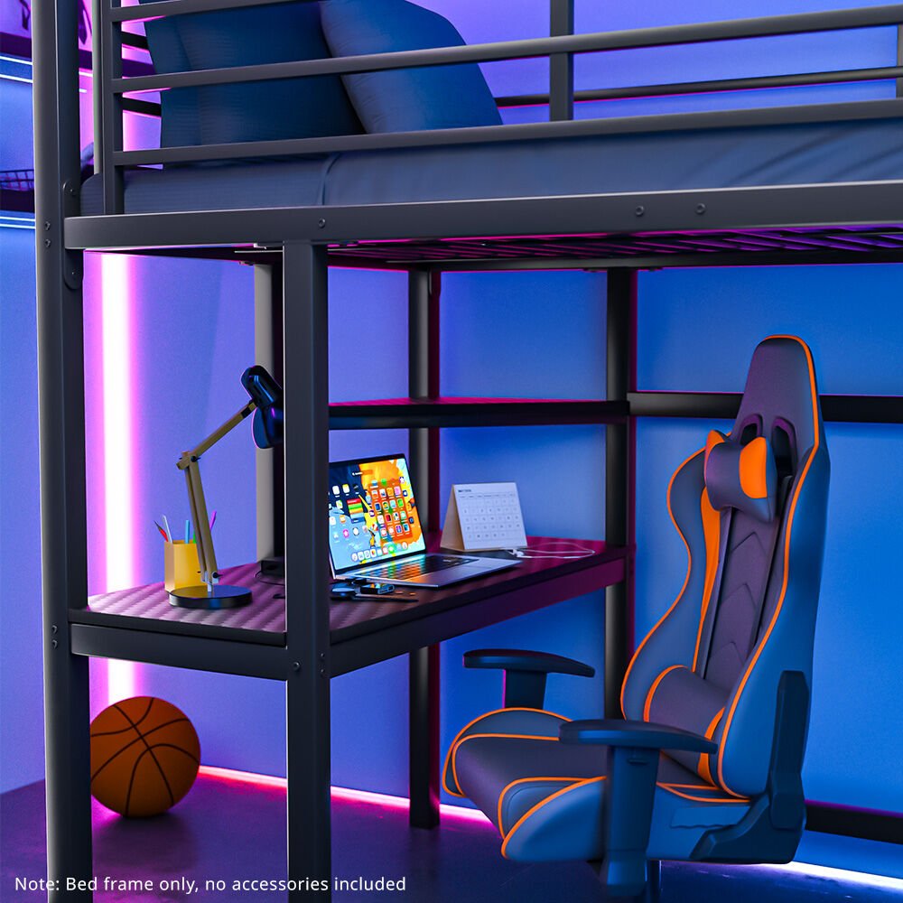 Gaming Loft Bed with Desk, Steel Metal Frame, Space Saving Design, for Single Mattress, Matte Dark Grey - 9348948127870 Toy Chest Australia 7