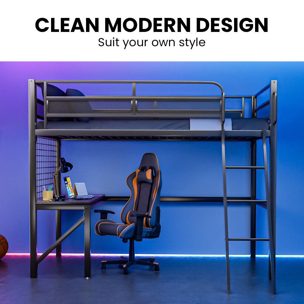 Gaming Loft Bed with Desk, Gridwall, Steel Metal Frame, Space Saving Design, for Single Mattress, Matte Dark Grey - 9348948127900 Toy Chest Australia 2