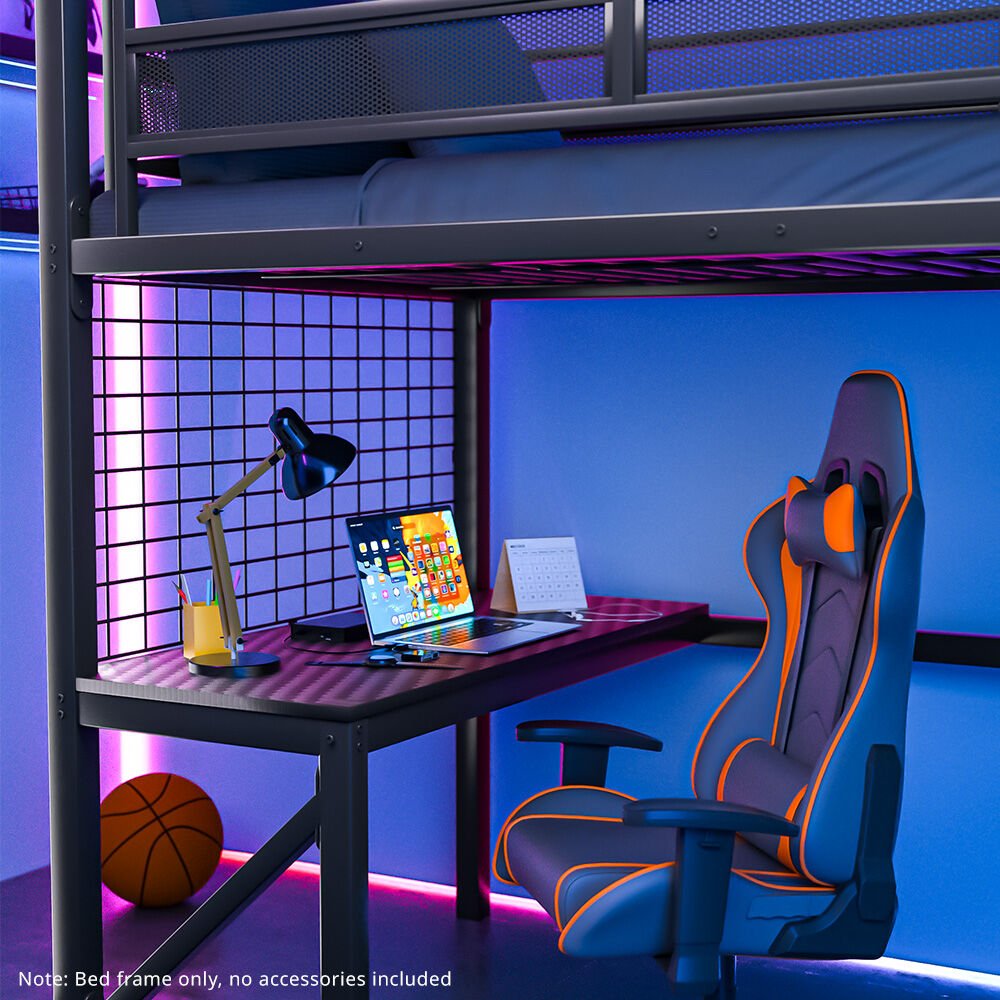 Gaming Loft Bed with Desk, Gridwall, Steel Metal Frame, Space Saving Design, for Single Mattress, Matte Dark Grey - 9348948127900 Toy Chest Australia 5