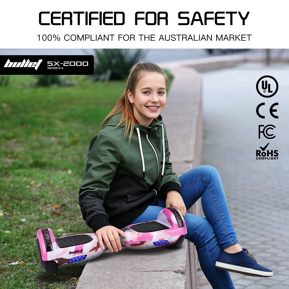 BULLET SX - 2000 Hoverboard Scooter, 500W Brushless, Superior Self Balancing System, UL Certified, LED Lights, Pink Camo