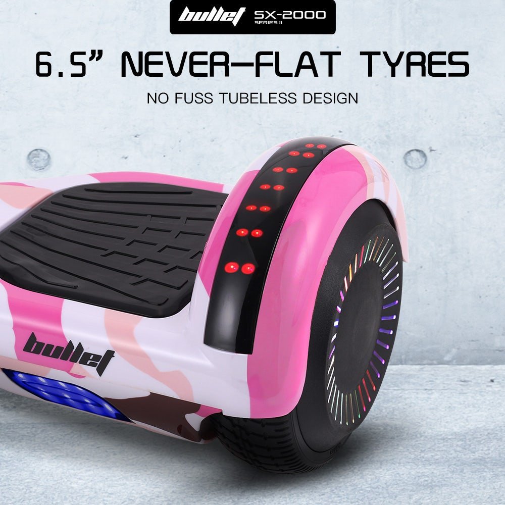 BULLET SX - 2000 Hoverboard Scooter, 500W Brushless, Superior Self Balancing System, UL Certified, LED Lights, Pink Camo