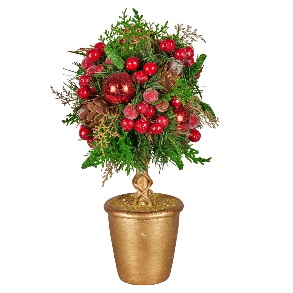 Christabelle 36cm Christmas Tabletop Topiary Tree Pre - Decorated Berries, Baubles & Pine Cones Gold Pot Twisted Stem Festive Decoration