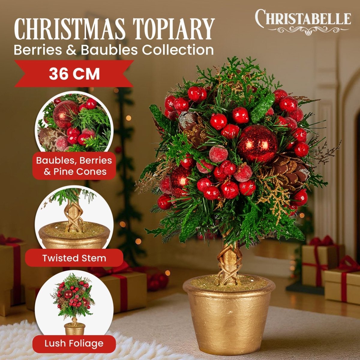 Christabelle 36cm Christmas Tabletop Topiary Tree Pre - Decorated Berries, Baubles & Pine Cones Gold Pot Twisted Stem Festive Decoration