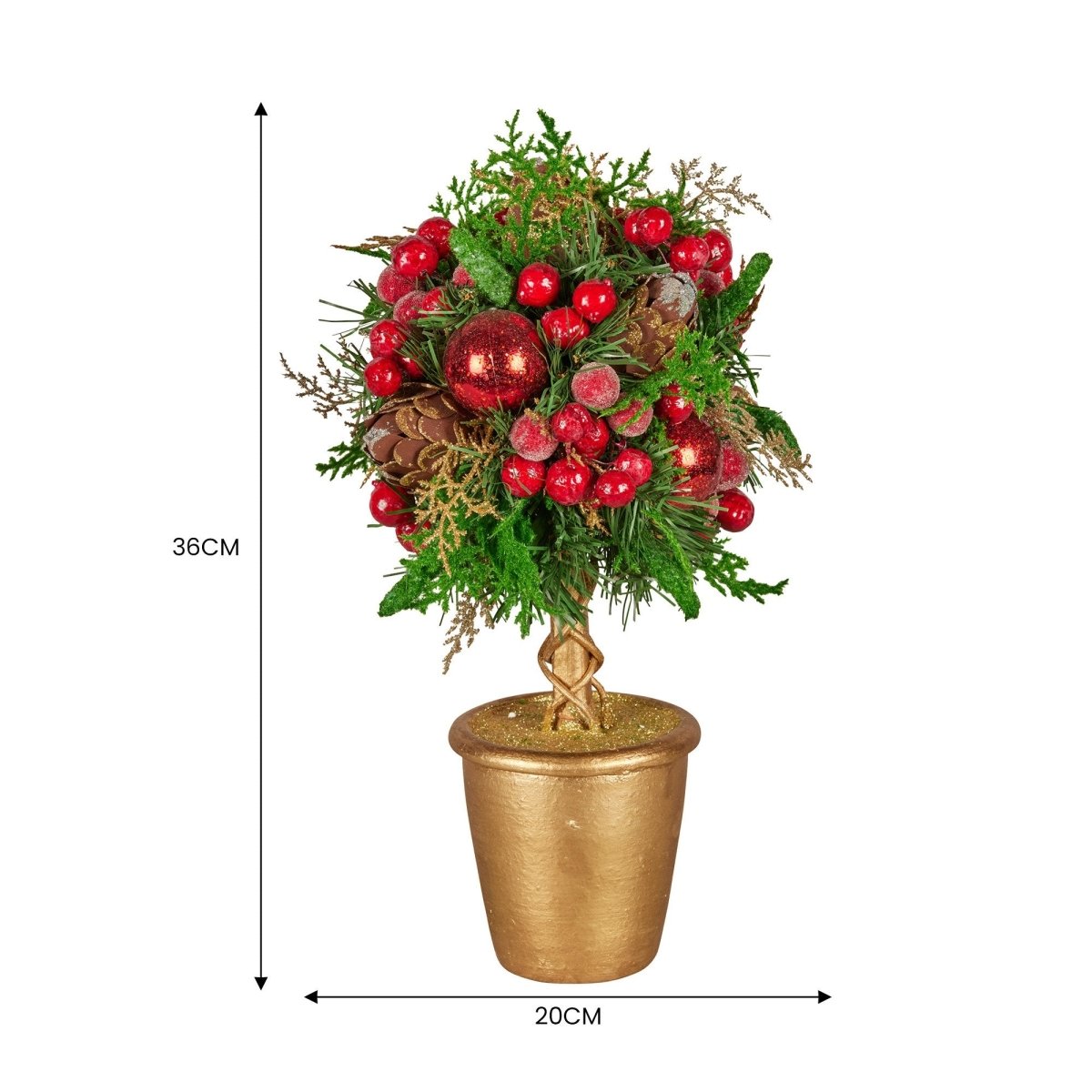 Christabelle 36cm Christmas Tabletop Topiary Tree Pre - Decorated Berries, Baubles & Pine Cones Gold Pot Twisted Stem Festive Decoration