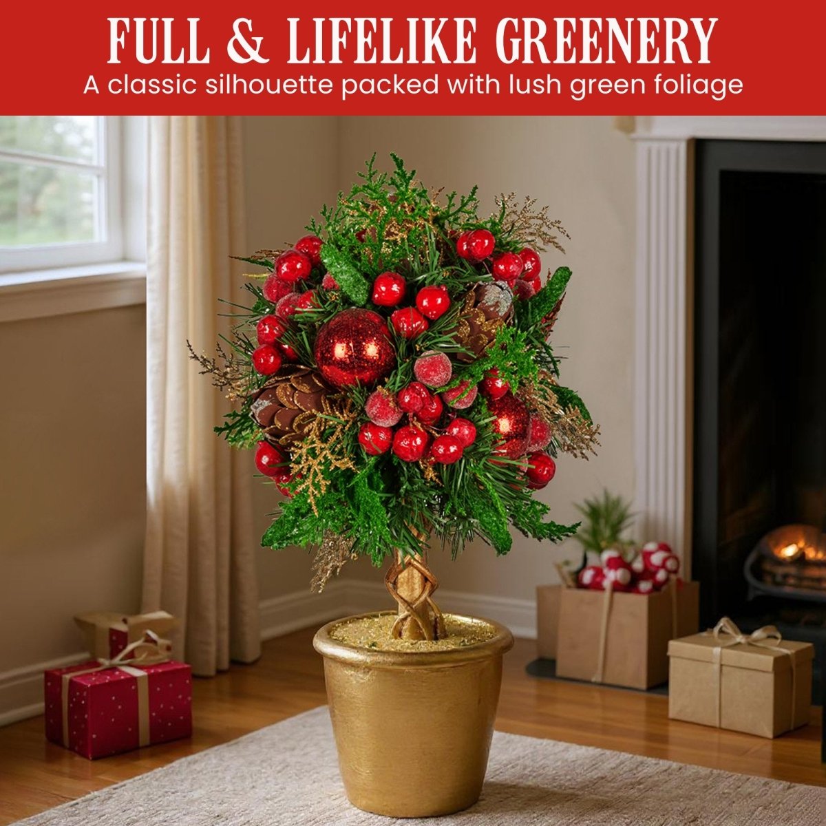 Christabelle 36cm Christmas Tabletop Topiary Tree Pre - Decorated Berries, Baubles & Pine Cones Gold Pot Twisted Stem Festive Decoration