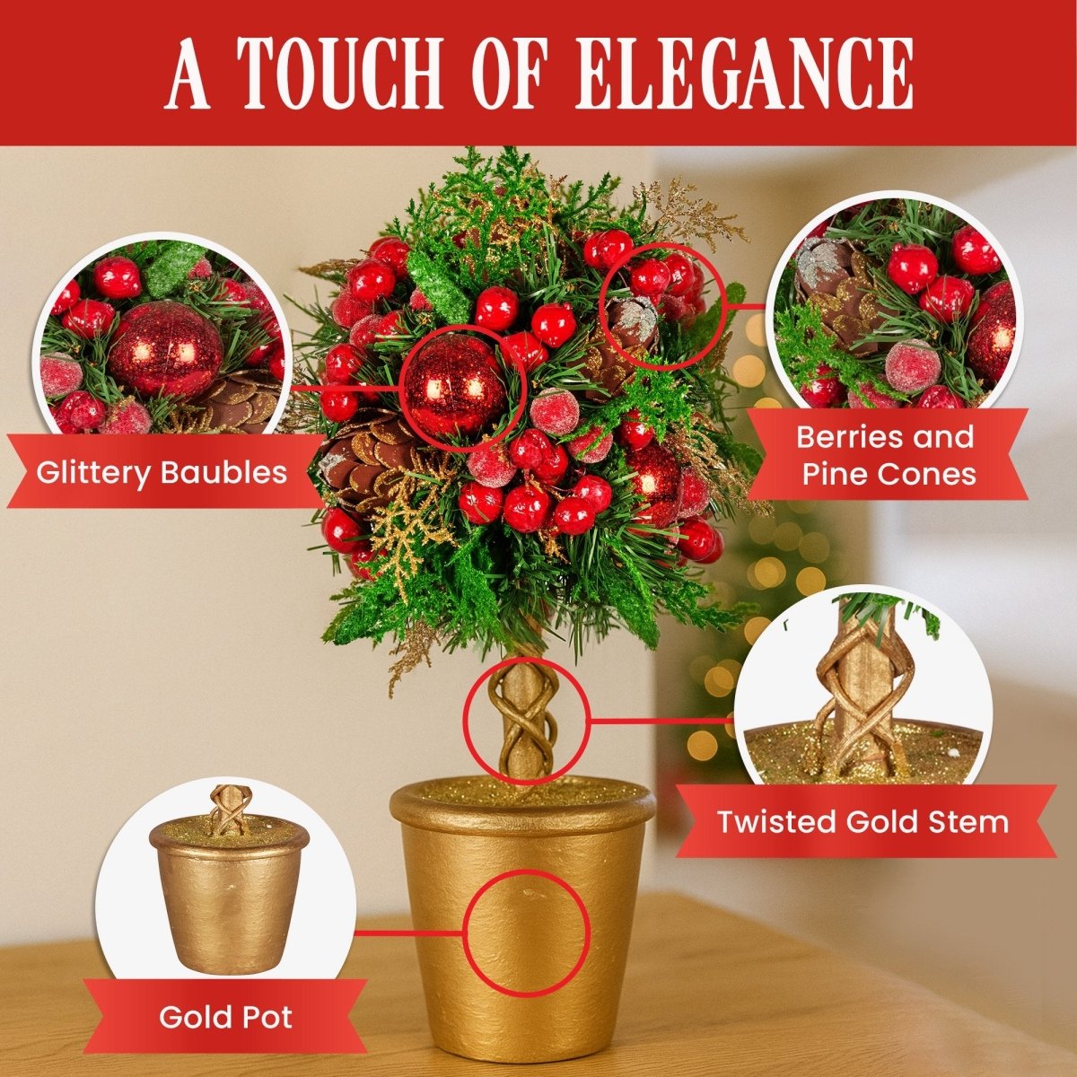Christabelle 36cm Christmas Tabletop Topiary Tree Pre - Decorated Berries, Baubles & Pine Cones Gold Pot Twisted Stem Festive Decoration