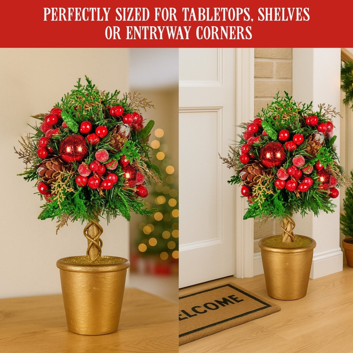 Christabelle 36cm Christmas Tabletop Topiary Tree Pre - Decorated Berries, Baubles & Pine Cones Gold Pot Twisted Stem Festive Decoration