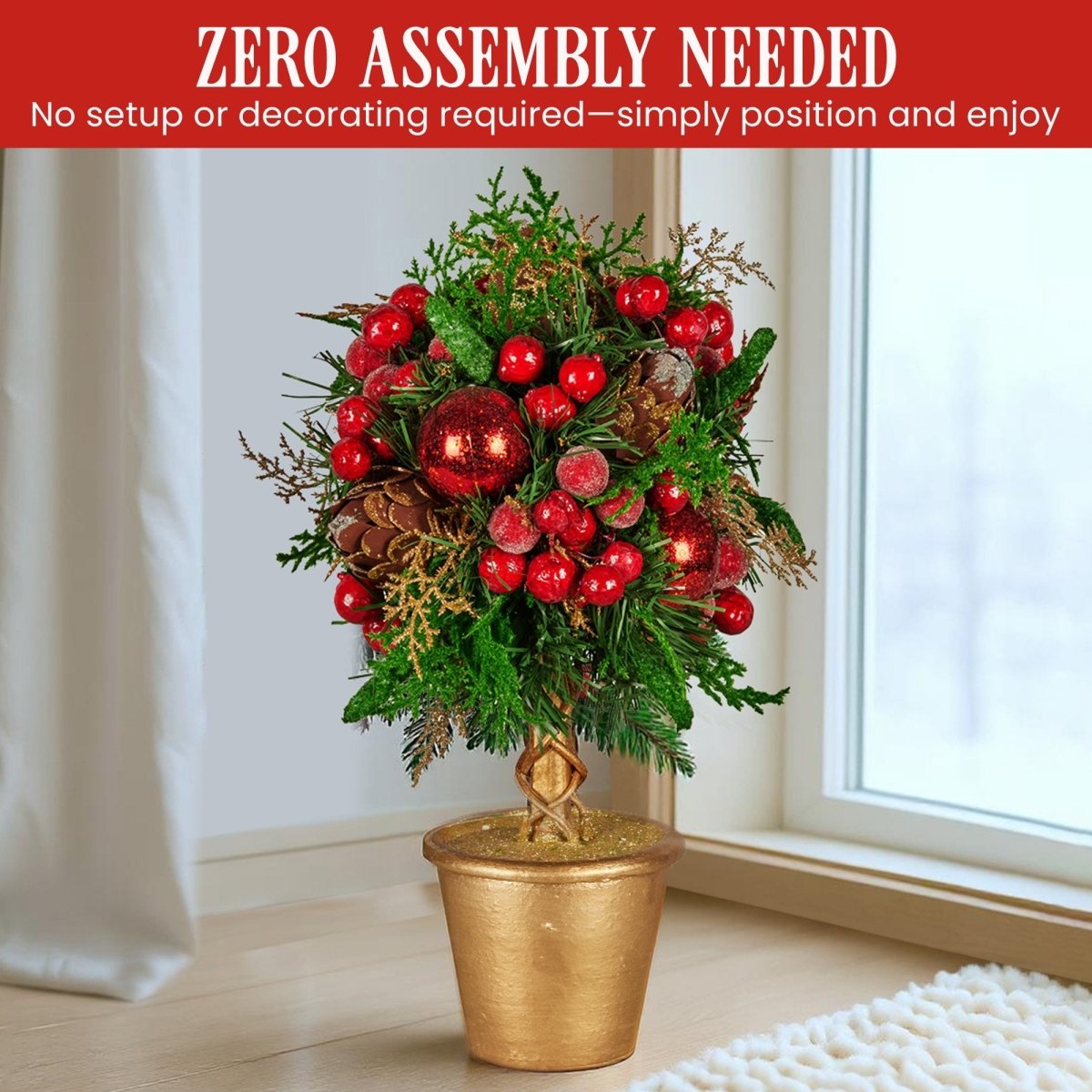 Christabelle 36cm Christmas Tabletop Topiary Tree Pre - Decorated Berries, Baubles & Pine Cones Gold Pot Twisted Stem Festive Decoration