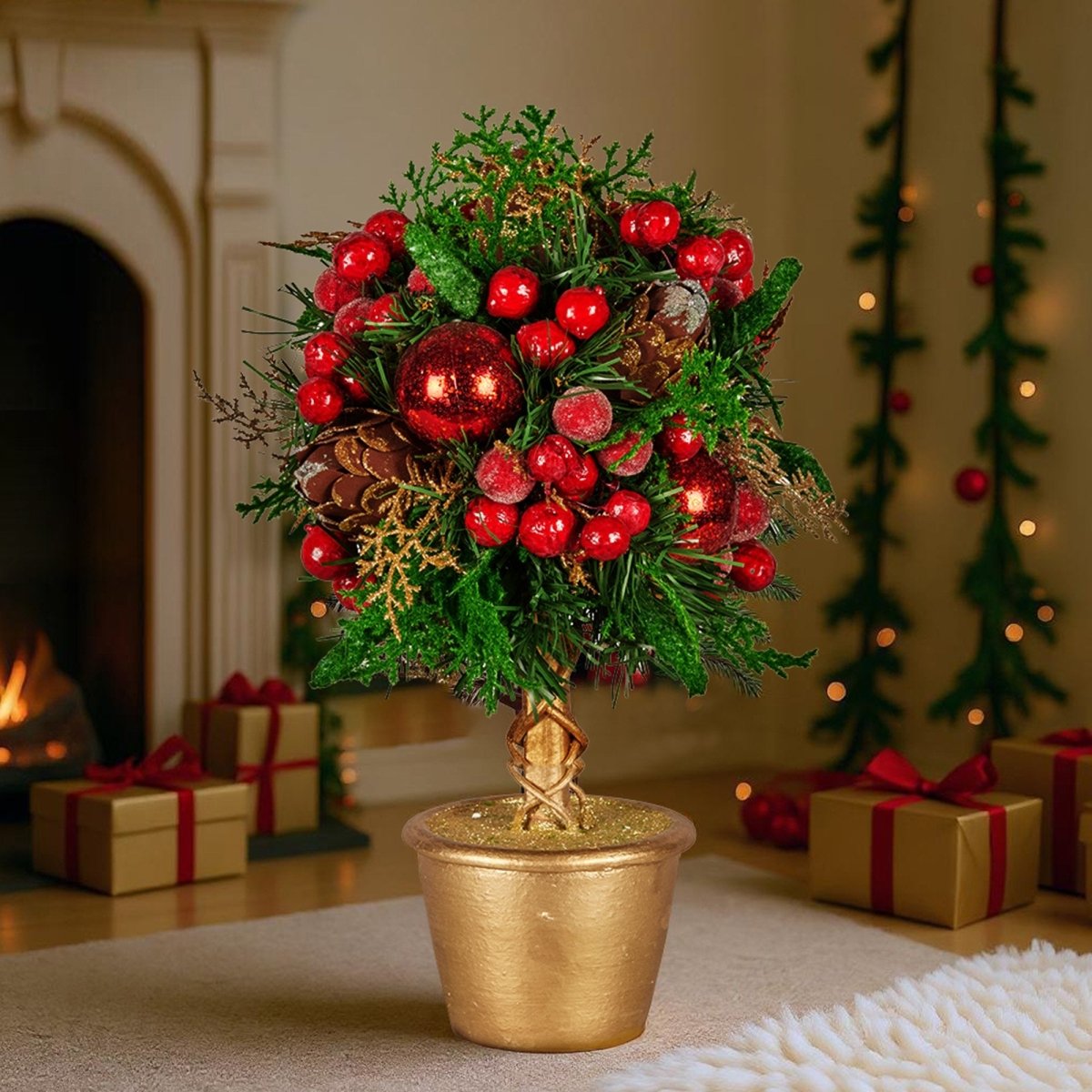 Christabelle 36cm Christmas Tabletop Topiary Tree Pre - Decorated Berries, Baubles & Pine Cones Gold Pot Twisted Stem Festive Decoration