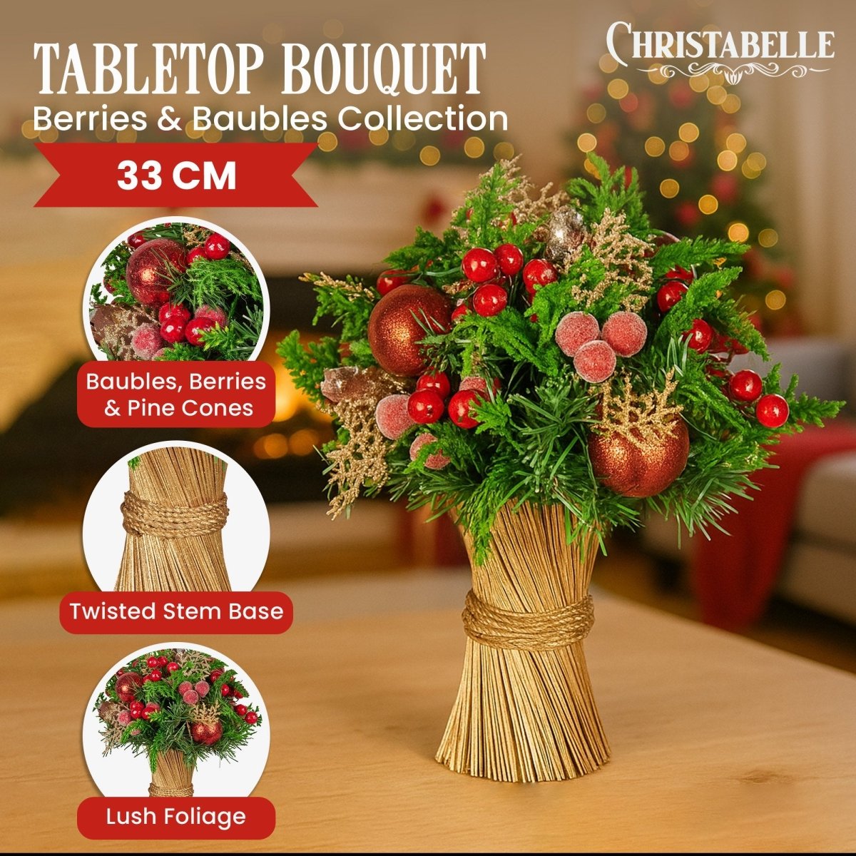 Christabelle 33cm Christmas Bouquet Pre - Decorated Holiday Floral Arrangement with Berries, Baubles & Pine Cones Festive Tabletop Centrepiece Decoration