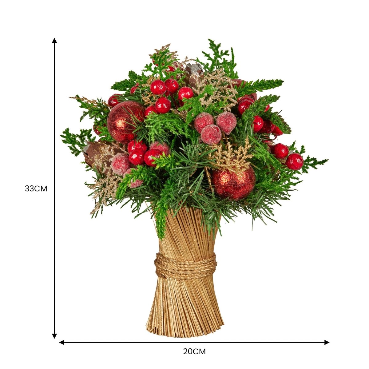 Christabelle 33cm Christmas Bouquet Pre - Decorated Holiday Floral Arrangement with Berries, Baubles & Pine Cones Festive Tabletop Centrepiece Decoration