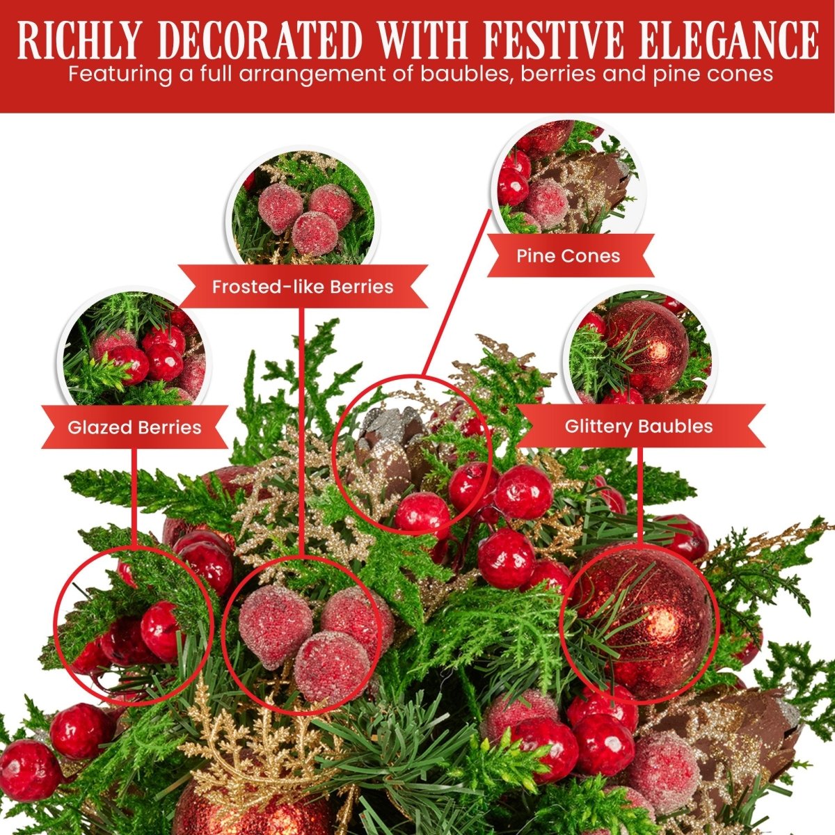 Christabelle 33cm Christmas Bouquet Pre - Decorated Holiday Floral Arrangement with Berries, Baubles & Pine Cones Festive Tabletop Centrepiece Decoration