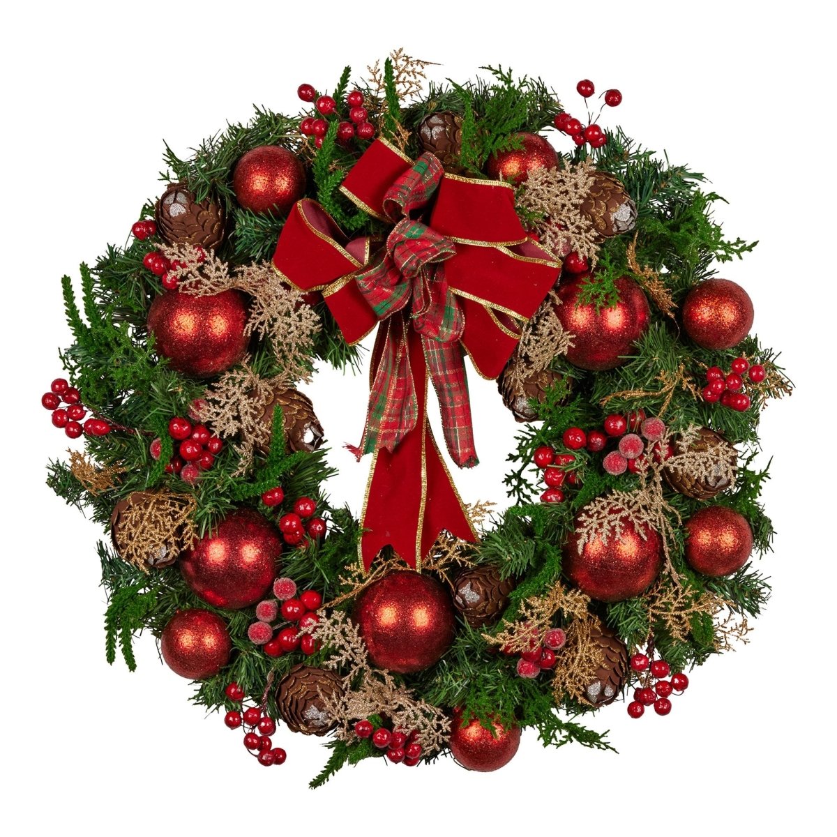 Christabelle 56cm Christmas Wreath Lush Green Holiday Door Wreath with Red Berries, Baubles & Pine Cones Pre - Decorated Festive Wall or Front Door Decoration