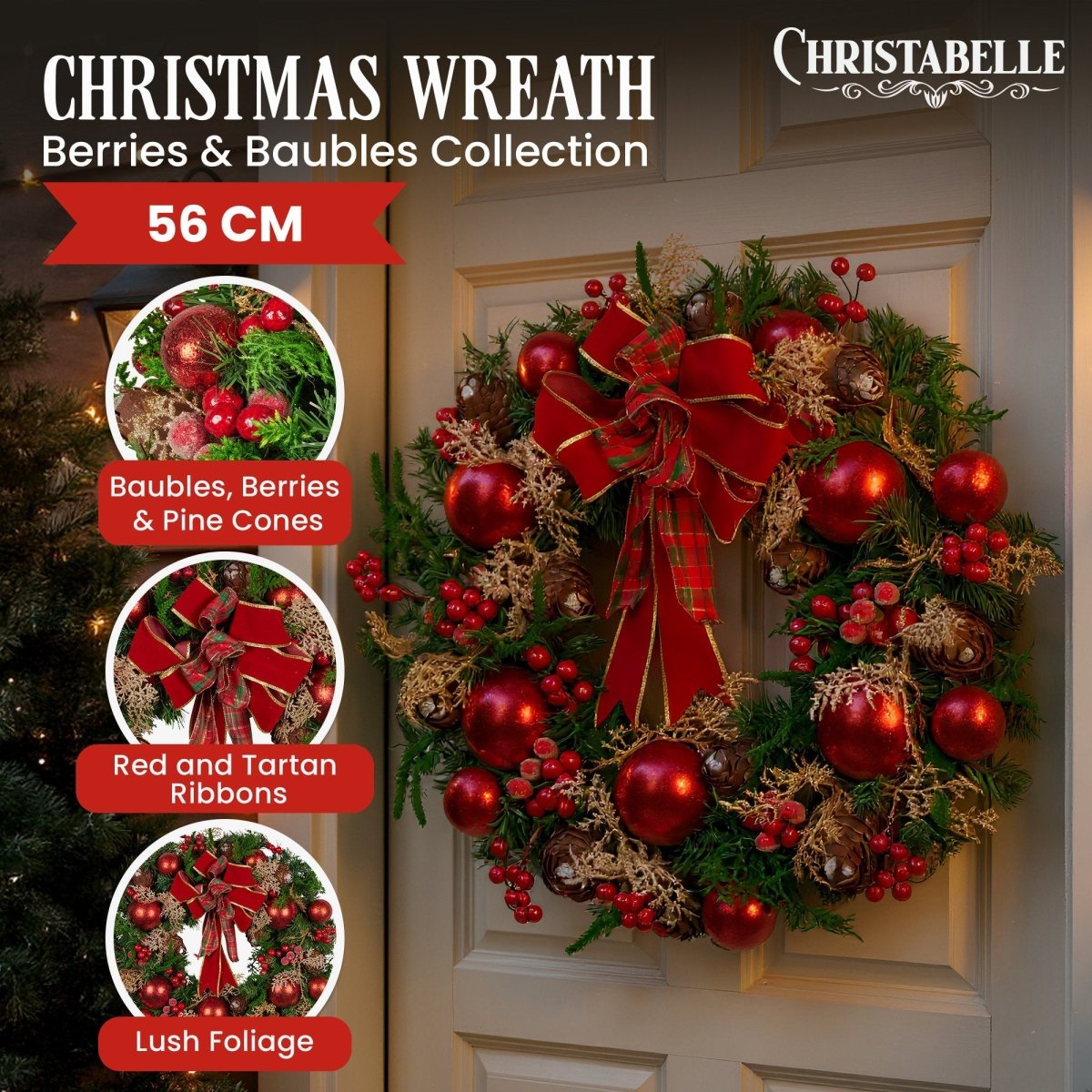 Christabelle 56cm Christmas Wreath Lush Green Holiday Door Wreath with Red Berries, Baubles & Pine Cones Pre - Decorated Festive Wall or Front Door Decoration