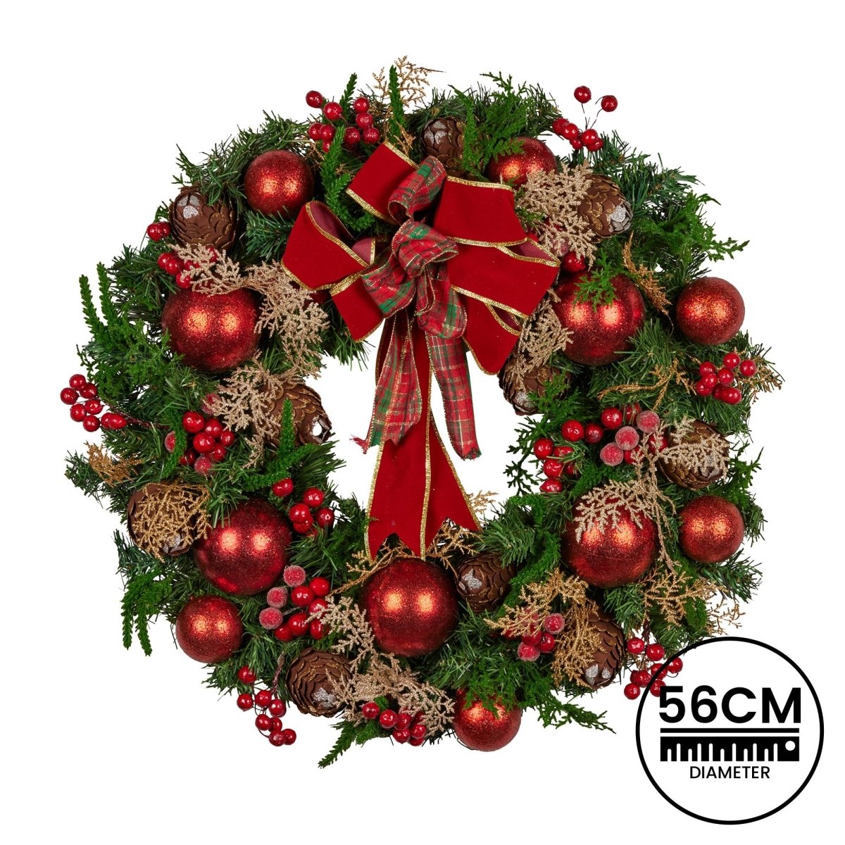 Christabelle 56cm Christmas Wreath Lush Green Holiday Door Wreath with Red Berries, Baubles & Pine Cones Pre - Decorated Festive Wall or Front Door Decoration