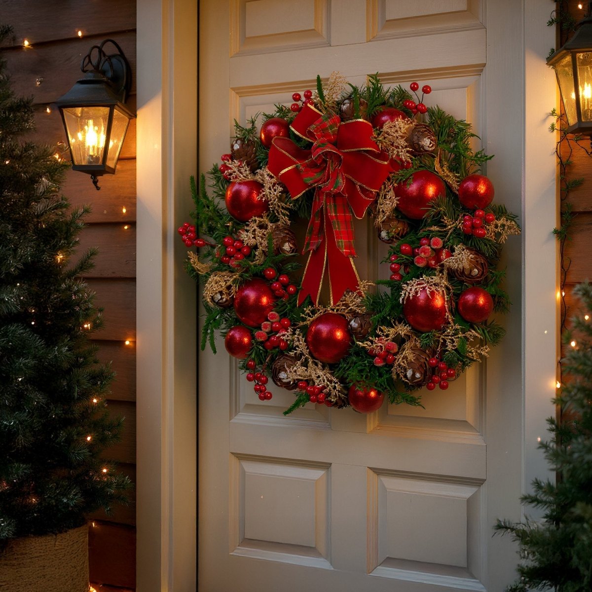 Christabelle 56cm Christmas Wreath Lush Green Holiday Door Wreath with Red Berries, Baubles & Pine Cones Pre - Decorated Festive Wall or Front Door Decoration