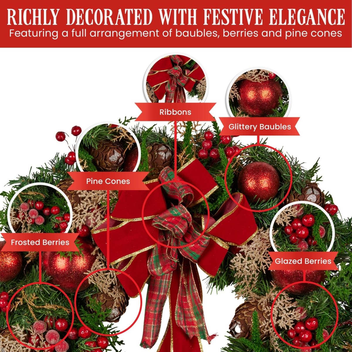 Christabelle 56cm Christmas Wreath Lush Green Holiday Door Wreath with Red Berries, Baubles & Pine Cones Pre - Decorated Festive Wall or Front Door Decoration