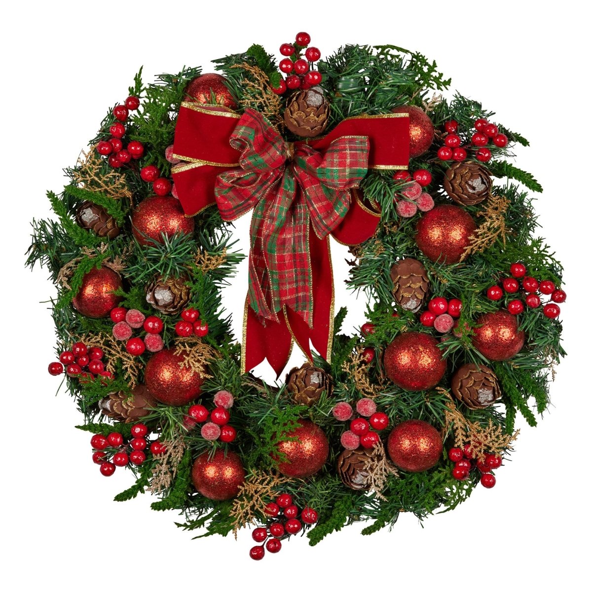 Christabelle 71cm Christmas Wreath Lush Green Holiday Door Wreath with Red Berries, Baubles & Pine Cones Pre - Decorated Festive Wall or Front Door Decoration